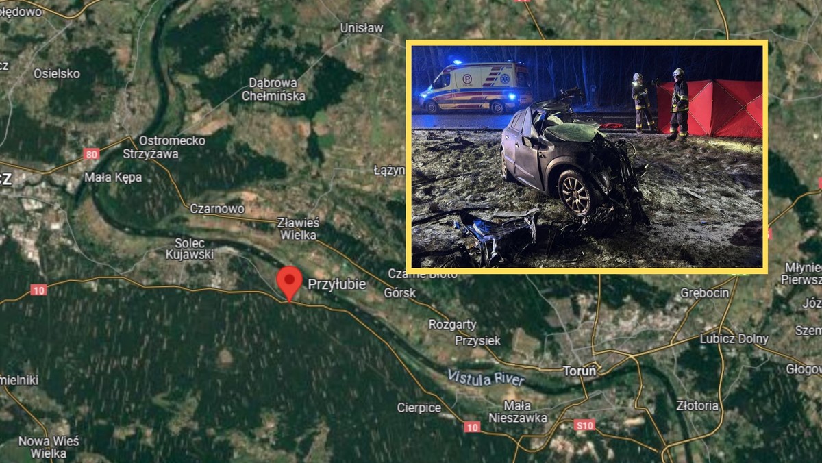 Tragedia na drodze krajowej nr 10 w Przyłubiu, kierowca zginął na miejscu w wyniku zderzenia z ciężarówką [Źródło: Onet]
