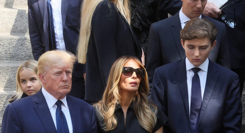 Former US President Donald Trump, his wife Melania, and their son Barron leave St. Vincent Ferrer Church during the funeral of Ivana Trump, socialite and Trump's first wife, in New York City, US, July 20, 2022.BRENDAN MCDERMID