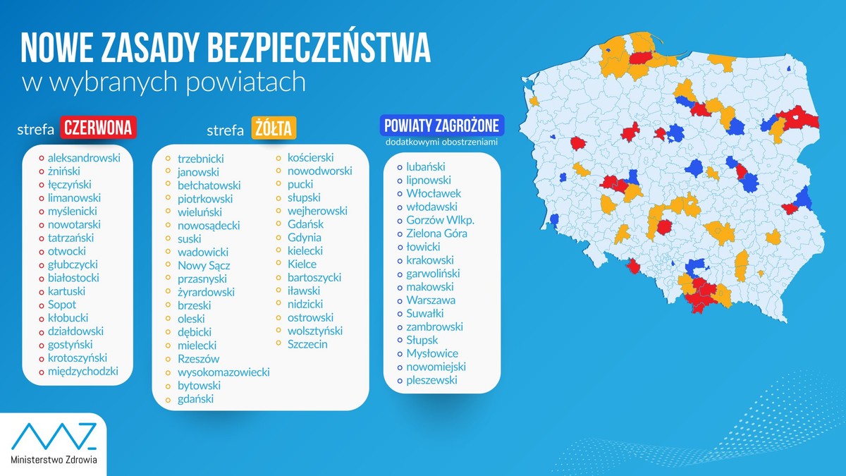 Czerwona i żółta strefa. Nowa lista powiatów objętych obostrzeniami