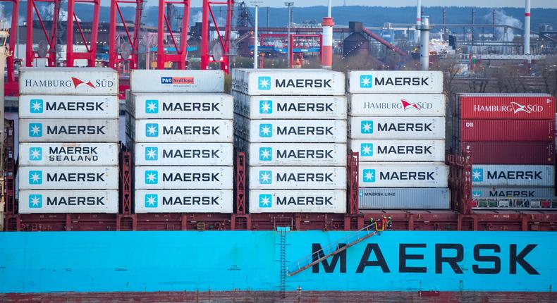 Maersk containers stacked on a ship.Photo by Bodo Marks/picture alliance via Getty Images
