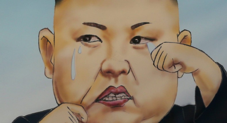 A caricature of North Korean leader Kim Jong Un crying is seen in downtown Seoul, South Korea.Lee Jin-man/AP