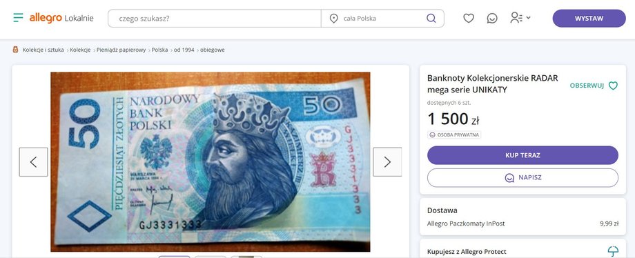 Oferta banknotu z "radarem" na Allegro