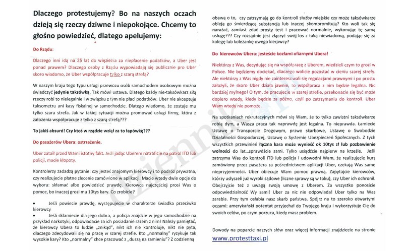 Ulotka rozpowszechniana przez taksówkarzy
