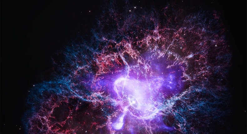 The Crab Nebula, the result of a bright supernova explosion witnessed by astronomers in 1054 A.D. Chandra sees the rings around its center with jets blasting into space (bright purple).X-ray: (Chandra) NASA/CXC/SAO, (IXPE) NASA/MSFC; Optical: NASA/ESA/STScI; Image Processing: NASA/CXC/SAO/K. Arcand, L. Frattare, and J. Schmidt