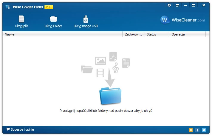Główne okno aplikacji do ukrywania plików i folderów - Wise Folder Hider Pro