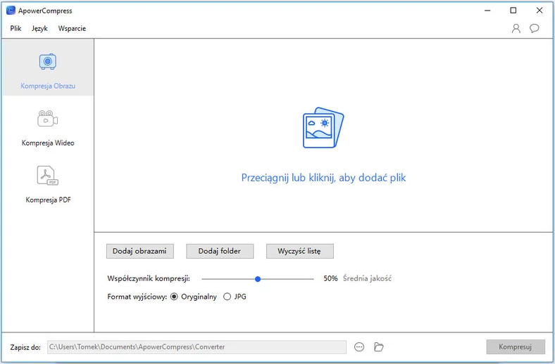 Główne okno programu do kompresji plików - ApowerCompress