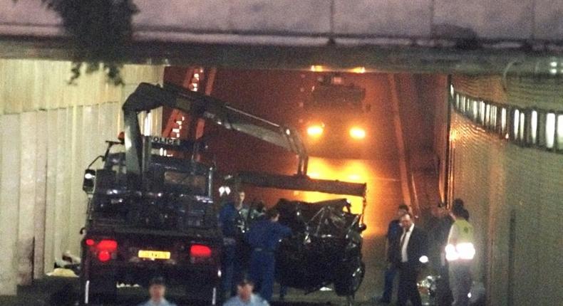 The wreckage of the car that Britain's Princess Diana was travelling in along with Dodi Al-Fayed, in the Pont de l'Alma tunnel in Paris in 1997