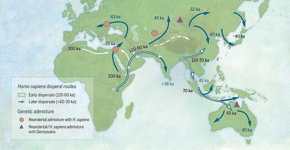 Wędrówki Homo sapiens od 200 tys. lat temu do 32 tys. lat temu. Mapa opublikowana w Science 8.12.2017, na licencji CC 4.0