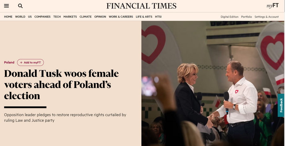 Artykuł "Financial Times" o manewrze Tuska obliczonym na pozyskanie głosów kobiet
