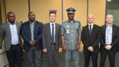 From left: Chief Commercial Officer, Lekki Freeport Terminal, Kehinde Olubi-Neye; General Manager, Government Relations & Security, Lekki Freeport Terminal, Mr Fubara Awantaye; Managing Director, Lekki Port, Mr Du Ruogang ; Acting Comptroller-General, Nigeria Customs Service, Mr Adewale Adeniyi; Managing Director, Lekki Freeport Terminal, Mr Yann Magarian and Chief Operating Officer, Lekki Port, Mr Laurence Smith.