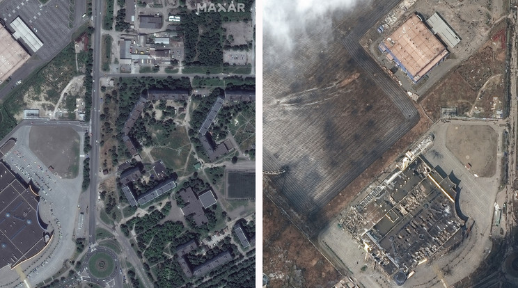 Az orosz támadás során megrongálódott épületek (j) a dél-ukrajnai Mariupol 2022. március 9-én, és a támadás előtt 2022 februárjában (b) / Fotó: MTI/AP/Maxar Technologies