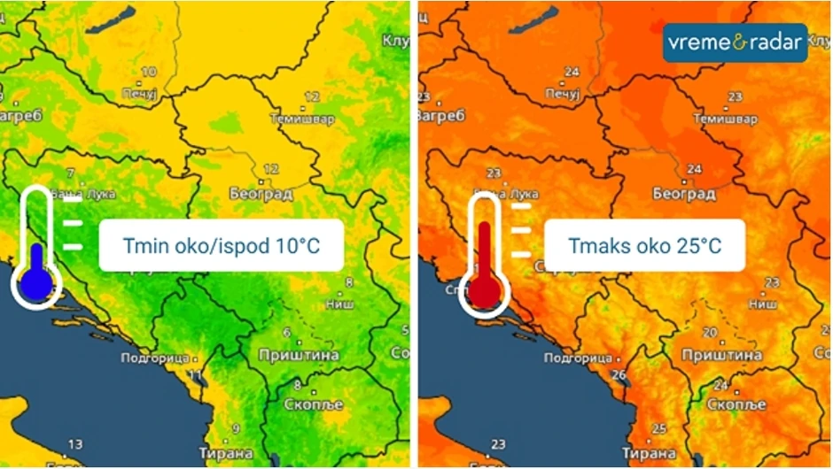 Minimalna temperatura oko i ispod 10 stepeni, maksimalna oko 25 stepeni