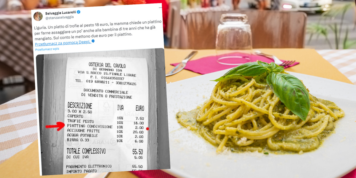 Dodatkowa opłata za talerz w restauracji (fot. screen: twitter.com/@stanzaselvaggia)