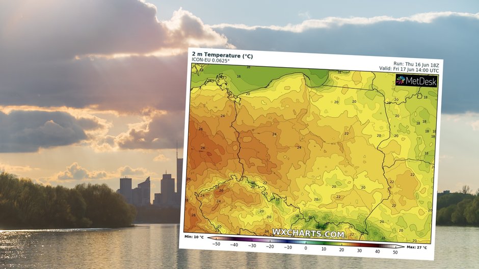 Piątek przyniesie spokojniejszą i ciepłą pogodę. W nocy zaczną się zmiany (mapa: wxcharts.com)