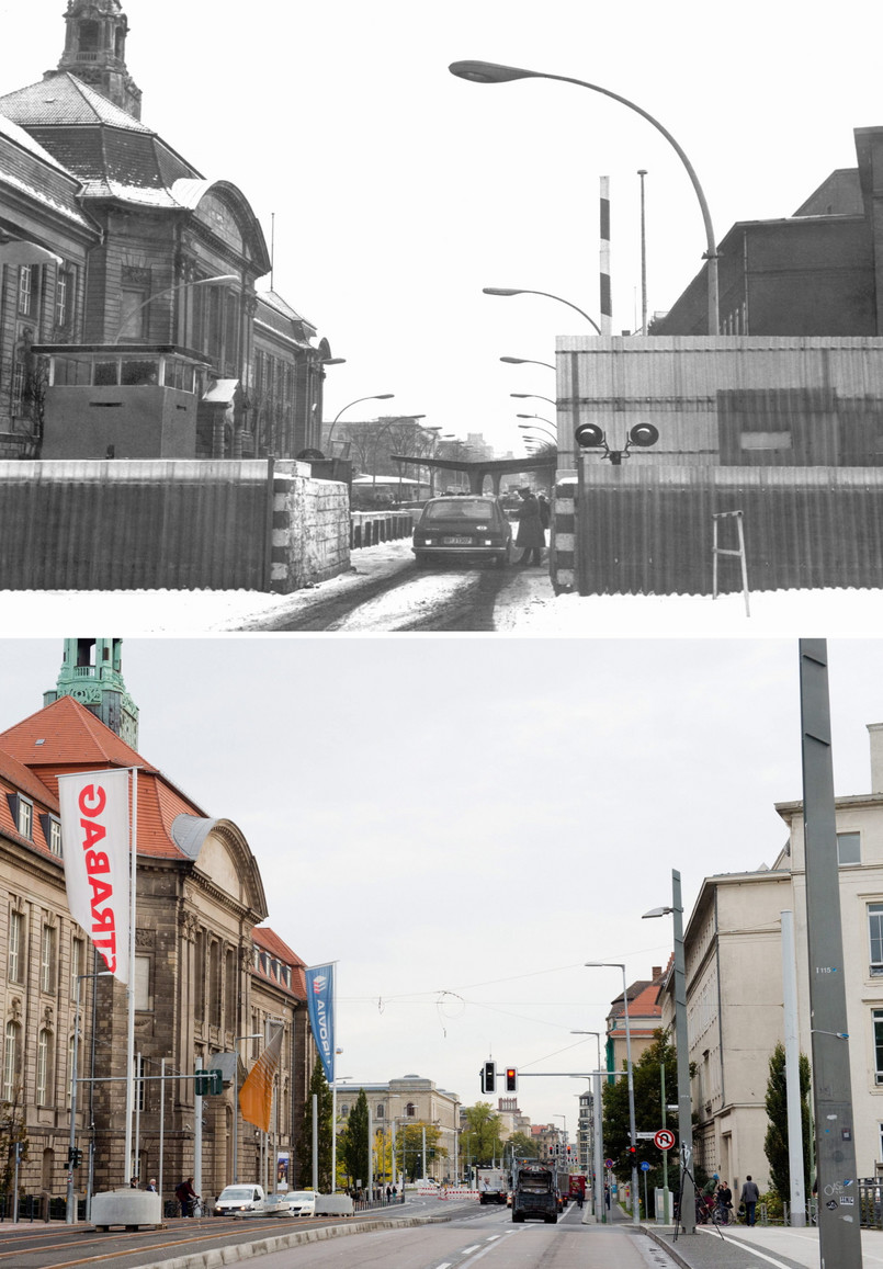 Na zdjęciu powyżej widać przejście graniczne przy Invalidenstrasse. Fotografia z marca 1971 roku została zestawiona z widokiem współczesnym, który przedstawia m.in. budynek niemieckiego Ministerstwa Gospodarki (po lewej).