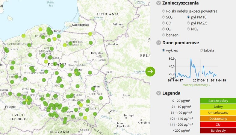 Stężenie pyłu PM10 - 2017-04-19 od godziny 07.00 do 08.00