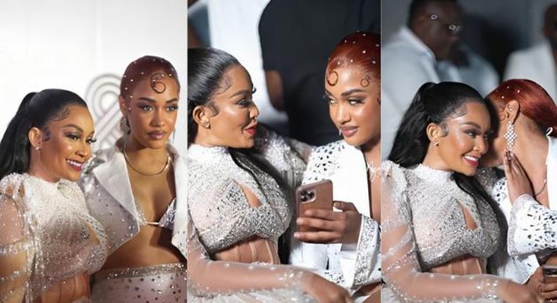 A collage image of Tanasha Donna and Zari Hassan during Zari's All-White paty in Kampala