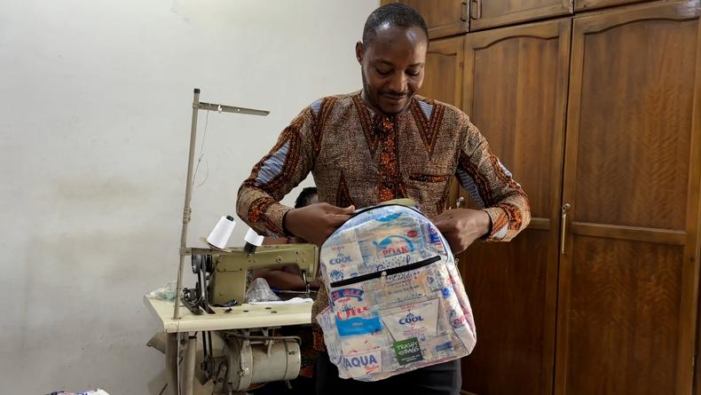 School backpack made out of recycled water sachets