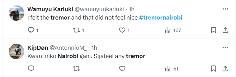 Kenyans on social media reported a tremor in Nairobi and surrounding areas