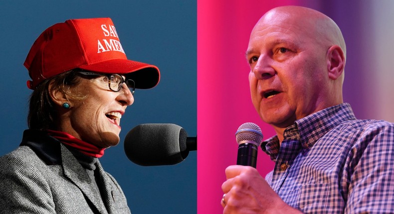 Left: Arizona state Sen. Wendy Rogers, R-Flagstaff, speaks at a Save America Rally prior to former president Donald Trump speaking Saturday, Jan. 15, 2022, in Florence, Arizona. Right: Pennsylvania Republican gubernatorial candidate Doug Mastriano speaks during a campaign rally at The Fuge on May 14, 2022 in Warminster, Pennsylvania.