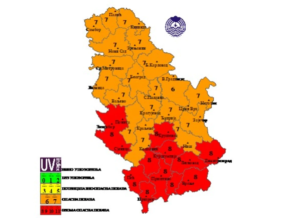 Prostorna raspodela UV zracenja za 13 avgust