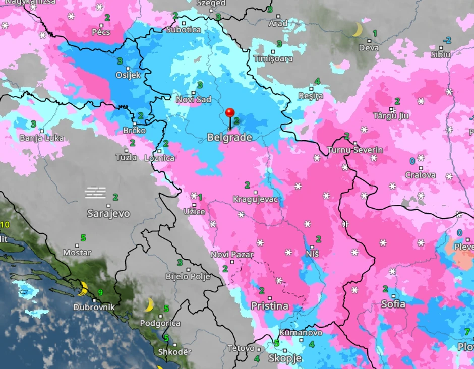 Kretanje kiše i snega u četvrtak u 3 časa