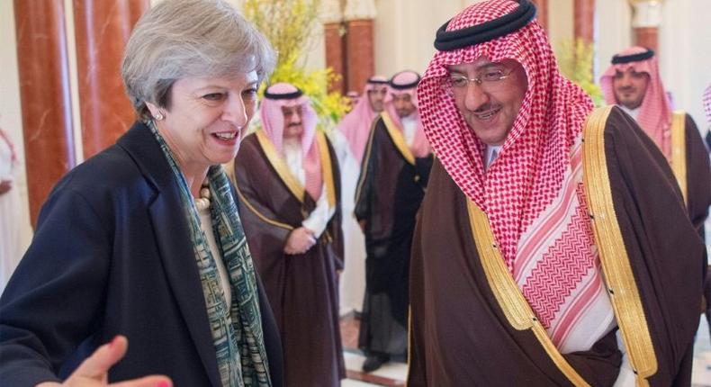 British Prime Minister Theresa May meets Saudi Crown Prince Mohammad bin Nayef in Riyadh on April 4, 2017