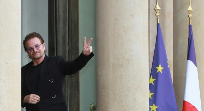 Irish U2 musician and philanthropist Bono, co-founder of the organisation ONE, arrives at the Elysee Palace in Paris to meet with French president Emanuel Macron