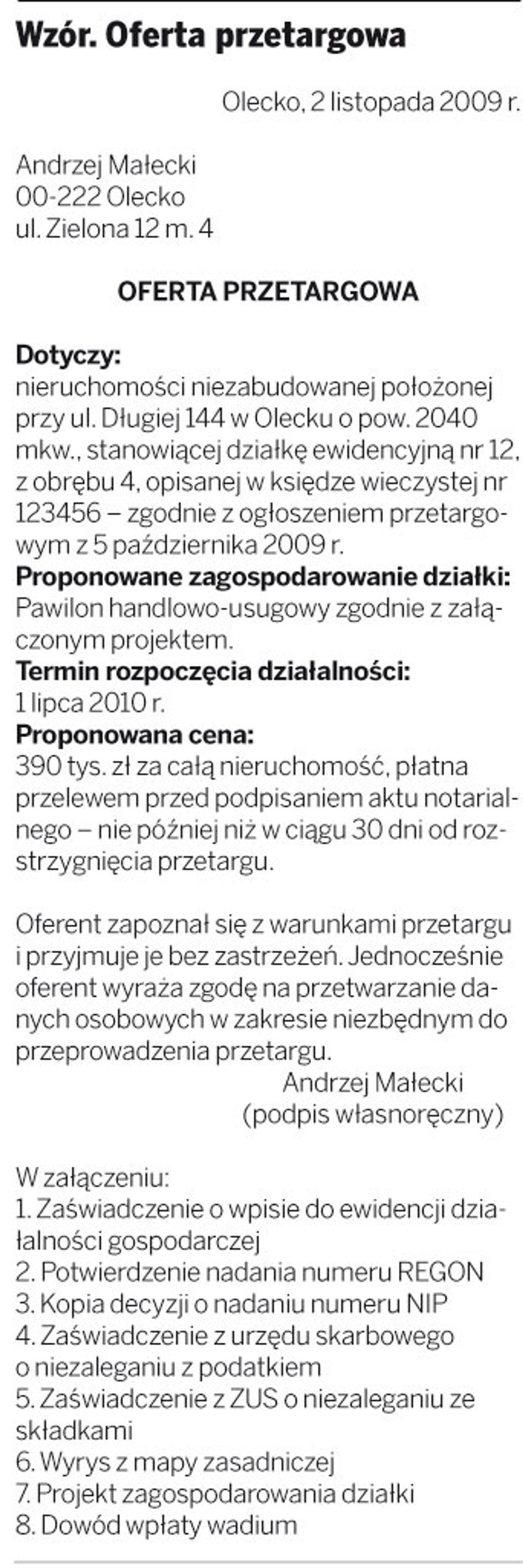Wzór. Oferta przetargowa