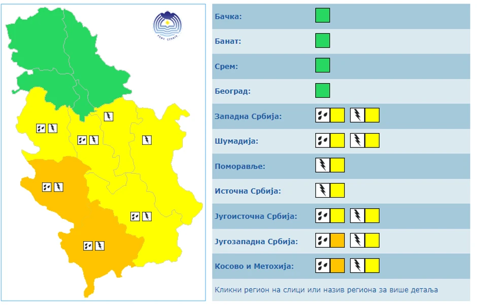 Meteoalarm za ponedeljak