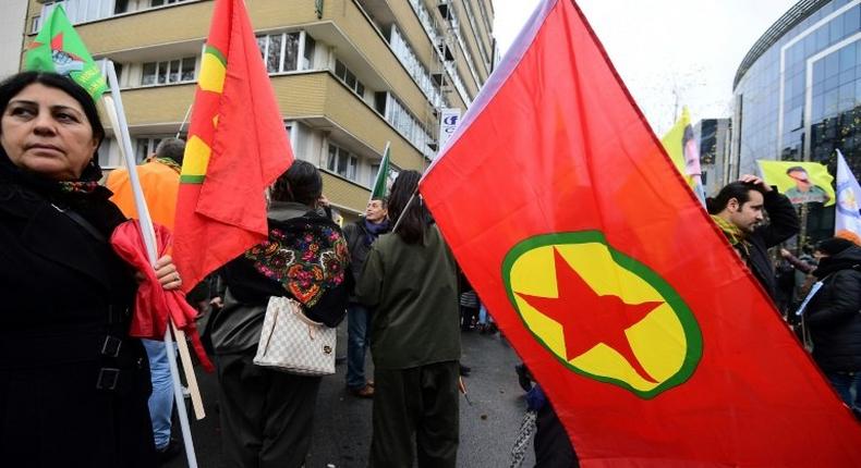 The Kurdistans Workers' Party (PKK) flag at a pro-Kurdish demonstration on November 17, 2016 in Brussels