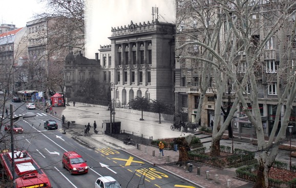 Druga muška gimnazija - U novopodignutu zgradu u Poenkarevoj 29, današnjoj Makedonskoj ulici, 1910. su preselili Drugu mušku realnu gimnaziju. Zgrada je posle oštećenja koja je pretrpela u aprilskom bombardovanju srušena, škola je preseljena u zgradu Realke u Uzun Mirkovoj, a dvadesetak godina kasnije na tom mestu je sagrađena zgrada „Politike“. Na lokaciji bivše škole danas je i parking (kliknuti + za uvećanje)