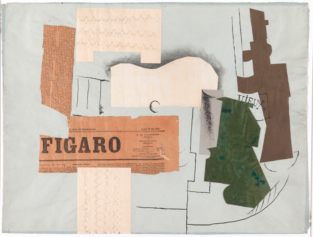 Pablo Picasso, „Butelka Vieux Marc, kieliszek, gitara i gazeta”, 1913, papier drukowany i farba drukarska na papierze dzięki uprzejmości Tate Modern, Londyn. Fot. inf. pras. Muzeum Sztuki w Łodzi.