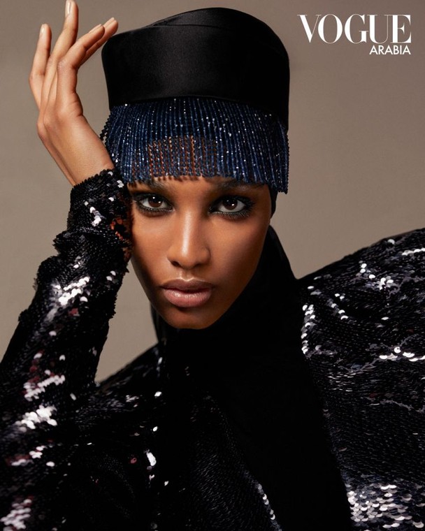 Dress, Alexandre Vauthier Couture; Polo Neck Bodysuit, Falke; Hat, Donia Allegue Photographed by Txema Yeste for Vogue Arabia April 2019 [Credit: Vogue Arabia] 