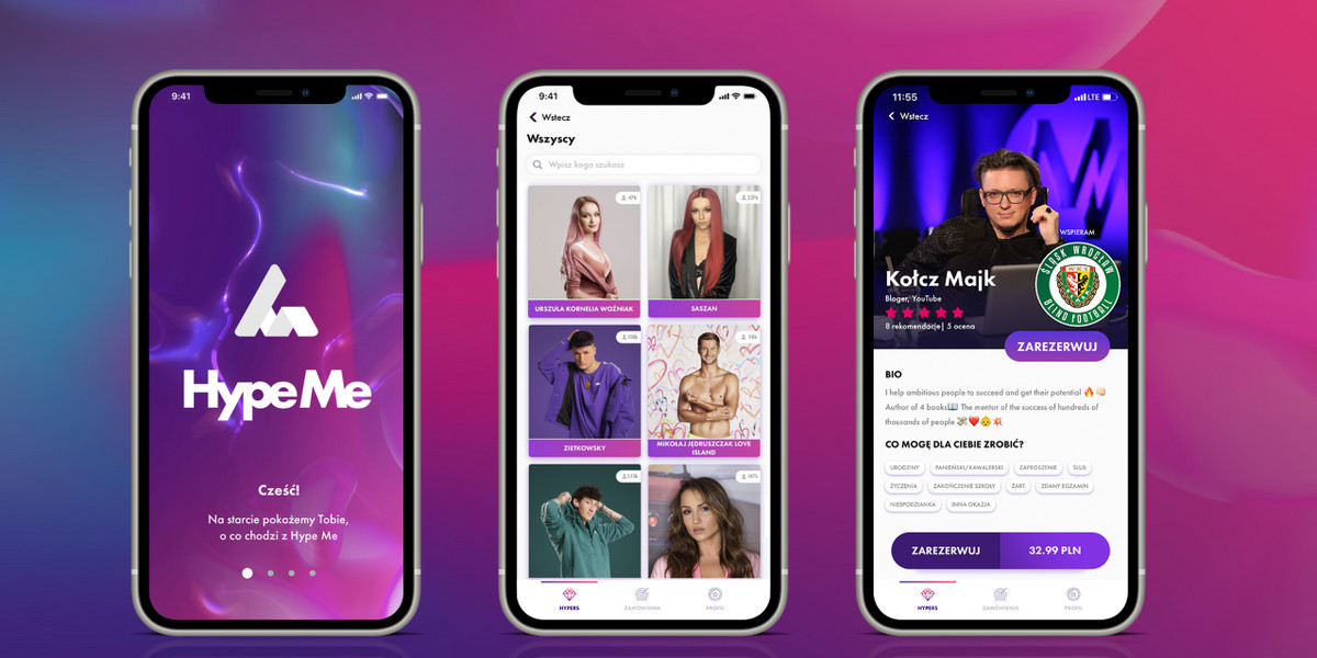 Hype Me to platforma mobilna, która umożliwia zamówienie spersonalizowanego wideo, np. życzeń urodzinowych, od znanej osoby – aktora, muzyka, sportowca, youtubera czy influencera. 
