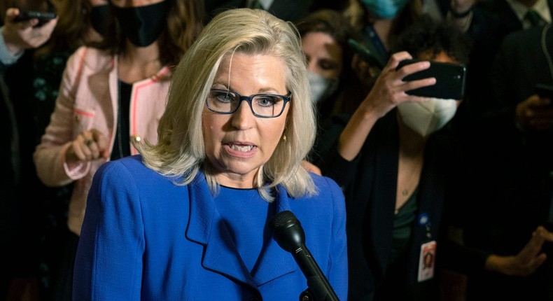 Rep. Liz Cheney, R-Wyo., speaks to reporters after House Republicans voted to oust her from her leadership post as chair of the House Republican Conference because of her repeated criticism of former President Donald Trump for his false claims of election fraud and his role in instigating the Jan. 6 Capitol attack, at the Capitol in Washington, Wednesday, May 12, 2021.
