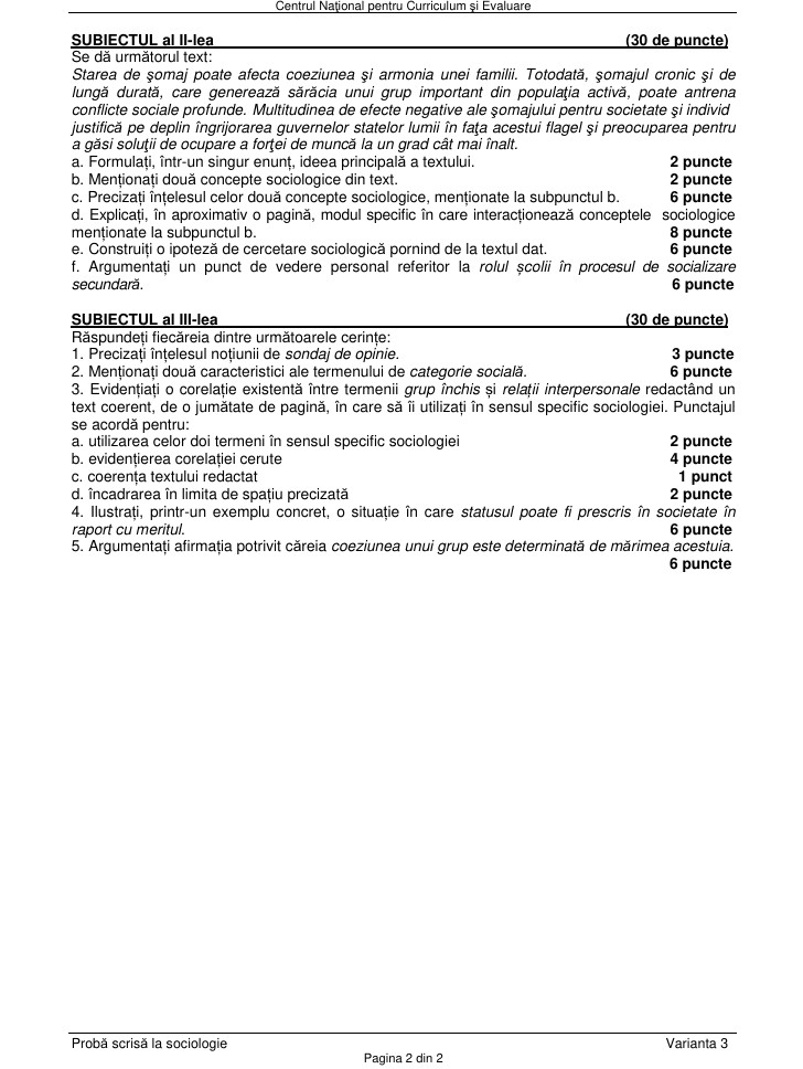 Subiecte Sociologie la Bac 2026. Baremul de corectare a fost publicat