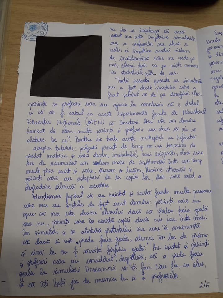 Mesajul de șase pagini transmis de o elevă în simularea de la BAC: „Am decis să protestez; nu mai vreau să se facă modificări în timpul anului școlar și să mă afecteze”