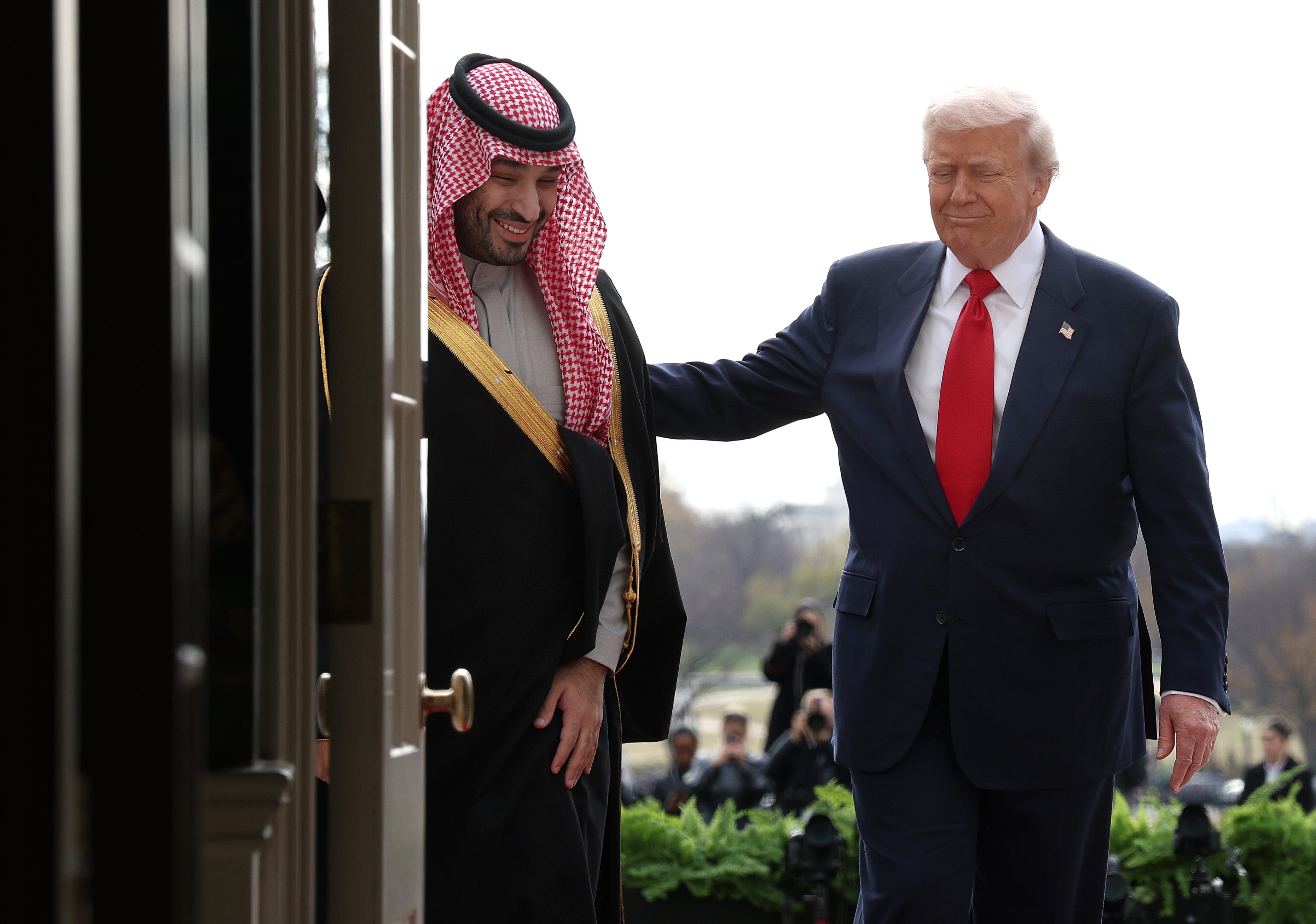 Donald Trump welcomed Saudi Crown Prince Mohammed bin Salman of Saudi Arabia at the White House in November. Now bin Salman's country is reportedly backing Larry and David Ellisons' bid for Warner Bros. DiscoveryWin McNamee/Getty Images