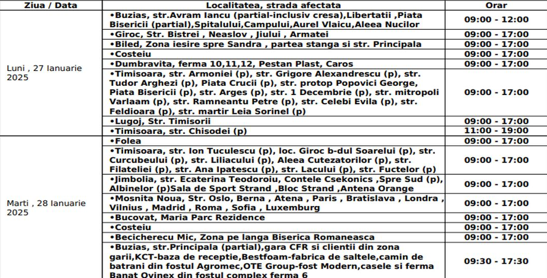 Se oprește curentul în Timișoara. Lista cu zonele afectate în perioada 27 ianuarie - 31 ianuarie 2025