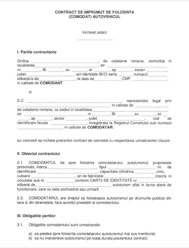 Ce este contractul de comodat auto și ce acte sunt necesare pentru a-l încheia, în 2025