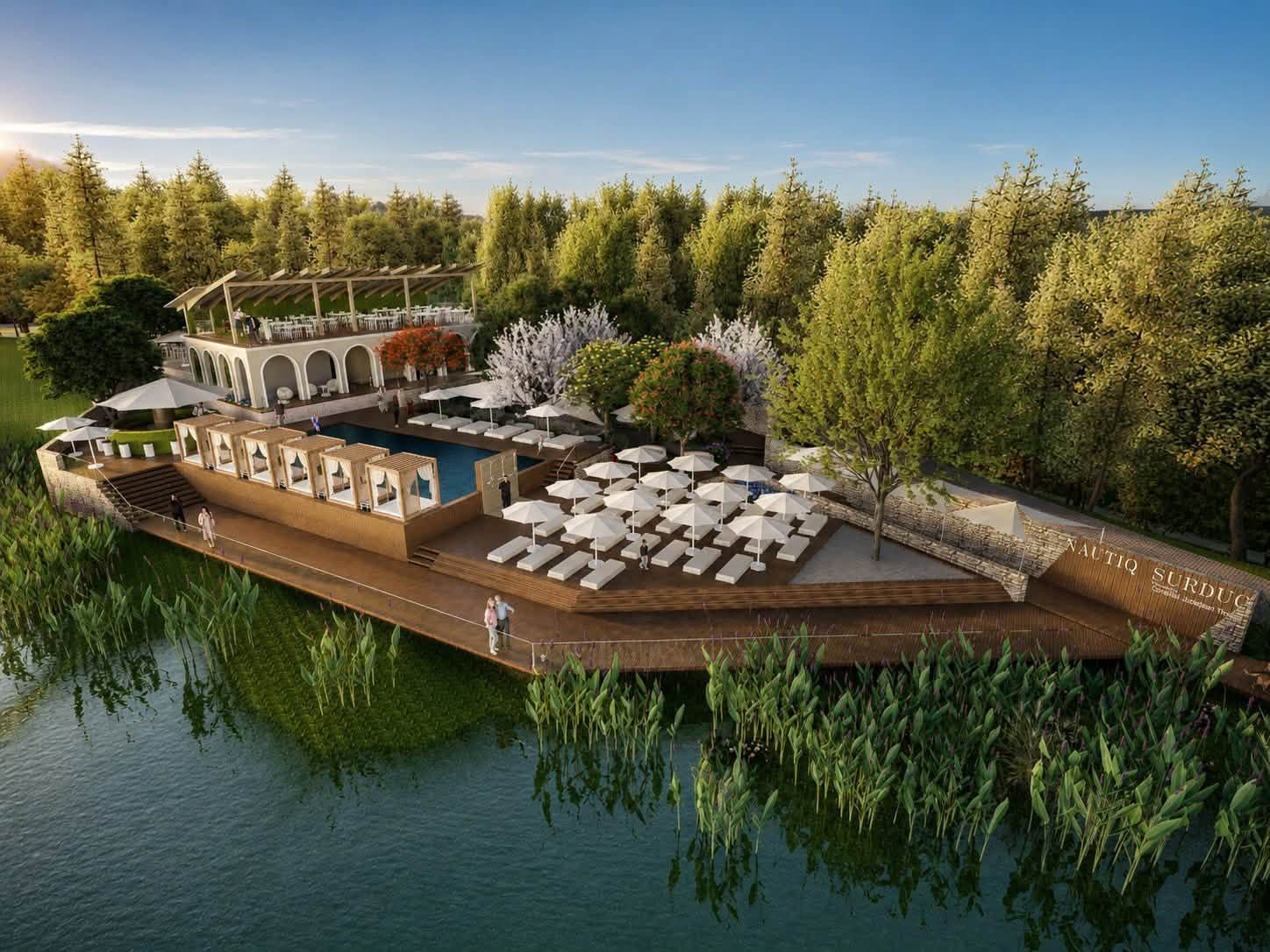 Proiect modern pe malul Lacului Surduc din Timiș: Piscină, ponton plutitor și zonă de relaxare ca în stațiuni