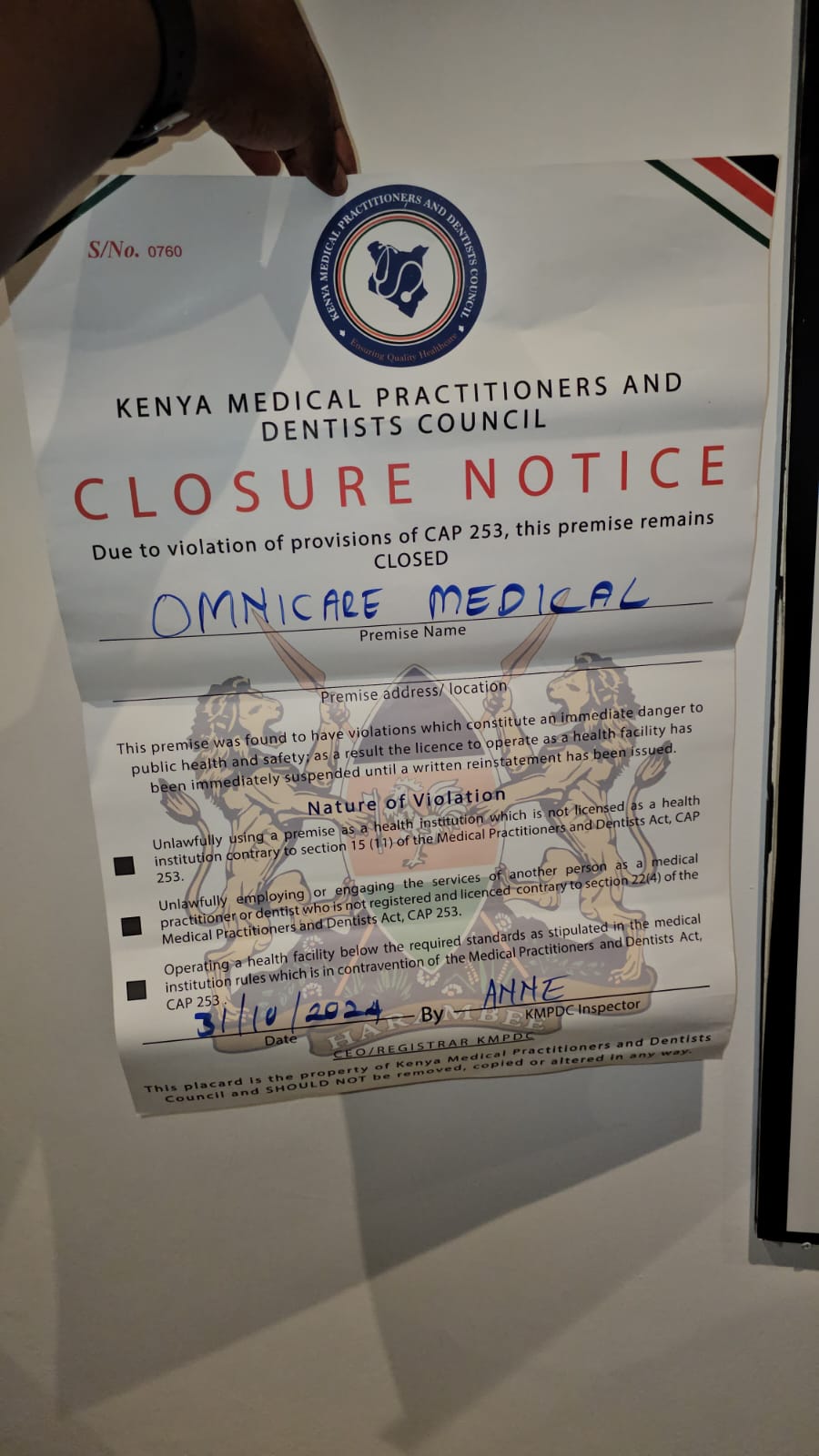 KMPDC takes action against Omnicare Medical clinic after death of Lucy