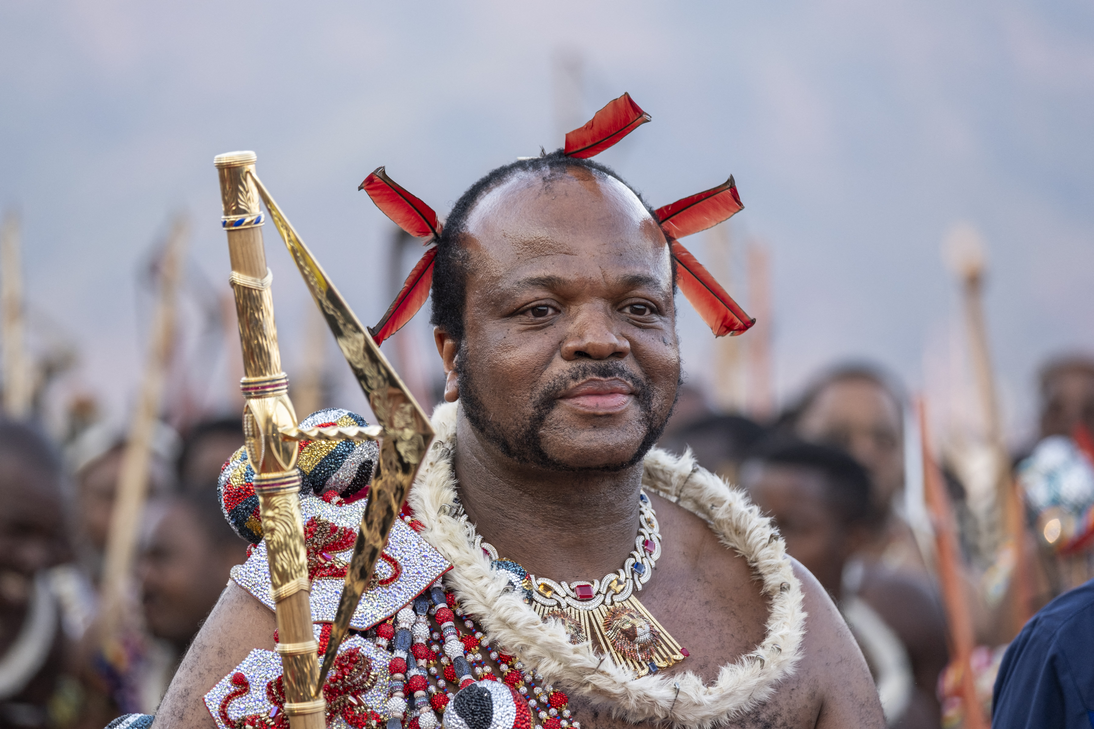 Eswatini's King Mswati III (C) arrives for the 2024 Umhlanga Reed Dance ceremony, at the Ludzidzini Royal Residence on September 2, 2024. [Photo by EMMANUEL CROSET/AFP via Getty Images]