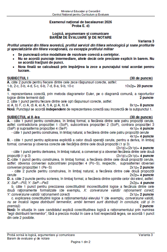 Subiecte Logică la Bac 2026. Baremul de corectare a fost publicat