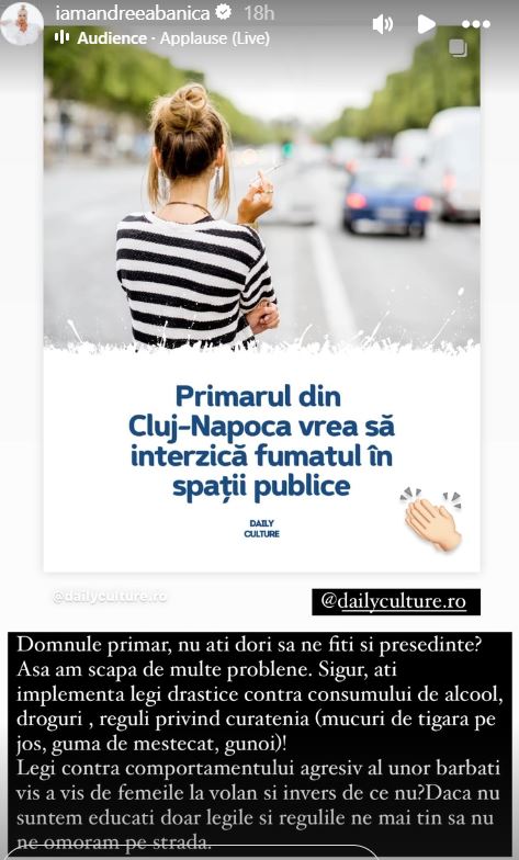 Reacția Andreei Bănică, după ce fumatul ar putea fi interzis în spațiile publice din Cluj: „Domnule primar, nu ați dori să ne fiți și președinte?”