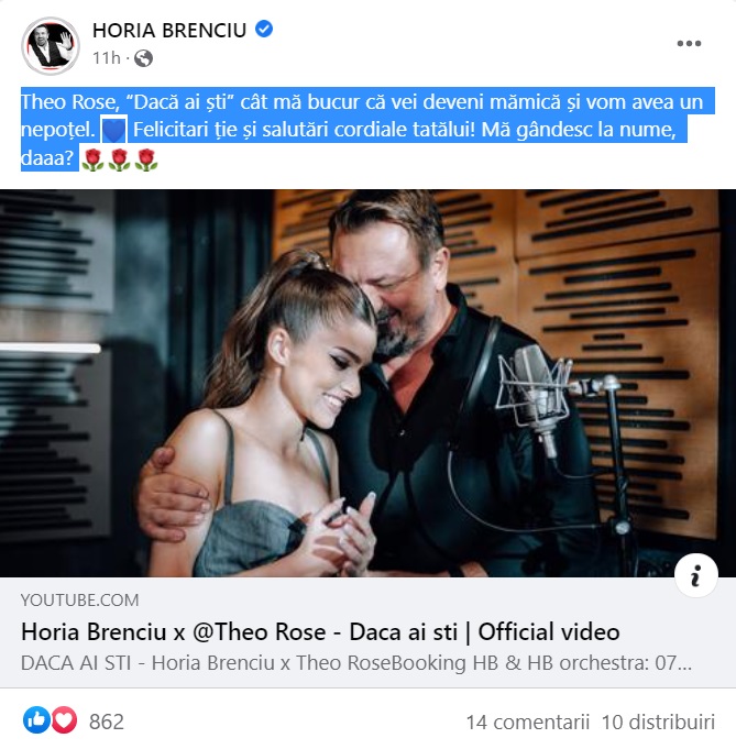 Horia Brenciu, primele declarații după ce s-a scris că Theo Rose ar fi însărcinată: „Mă bucur că vei deveni mămică”