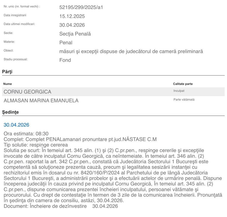 Georgică Cornu, trimis în judecată, după ce a încălcat ordinul de protecție pe care Marina Almășan îl obținuse în trecut. Decizia instanței