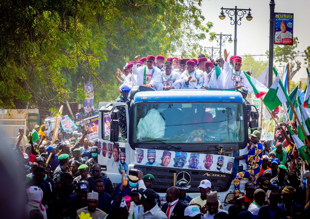 Bola Tinubu, candidate of the All Progressives Congress, waves to supporters during his final rally in Maiduguri ahead of Nigeria's 2023 presidential election.