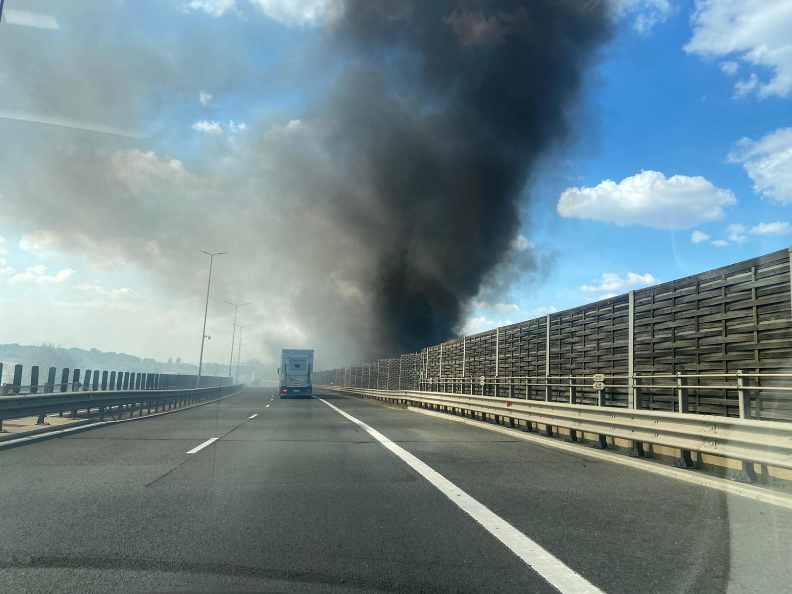 Incendiu de vegetaţie uscată în Arad. Focul s-a extins spre autostradă și a cuprins panourile fonoabsorbante de pe margine
